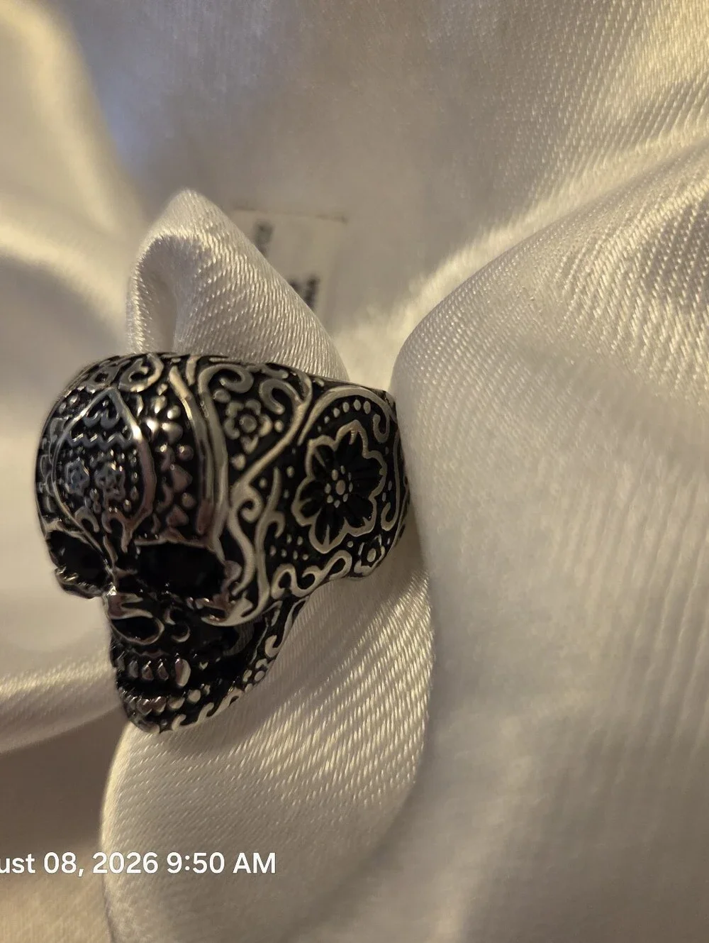 Silver Black Stone Skull Ring - Men's 10